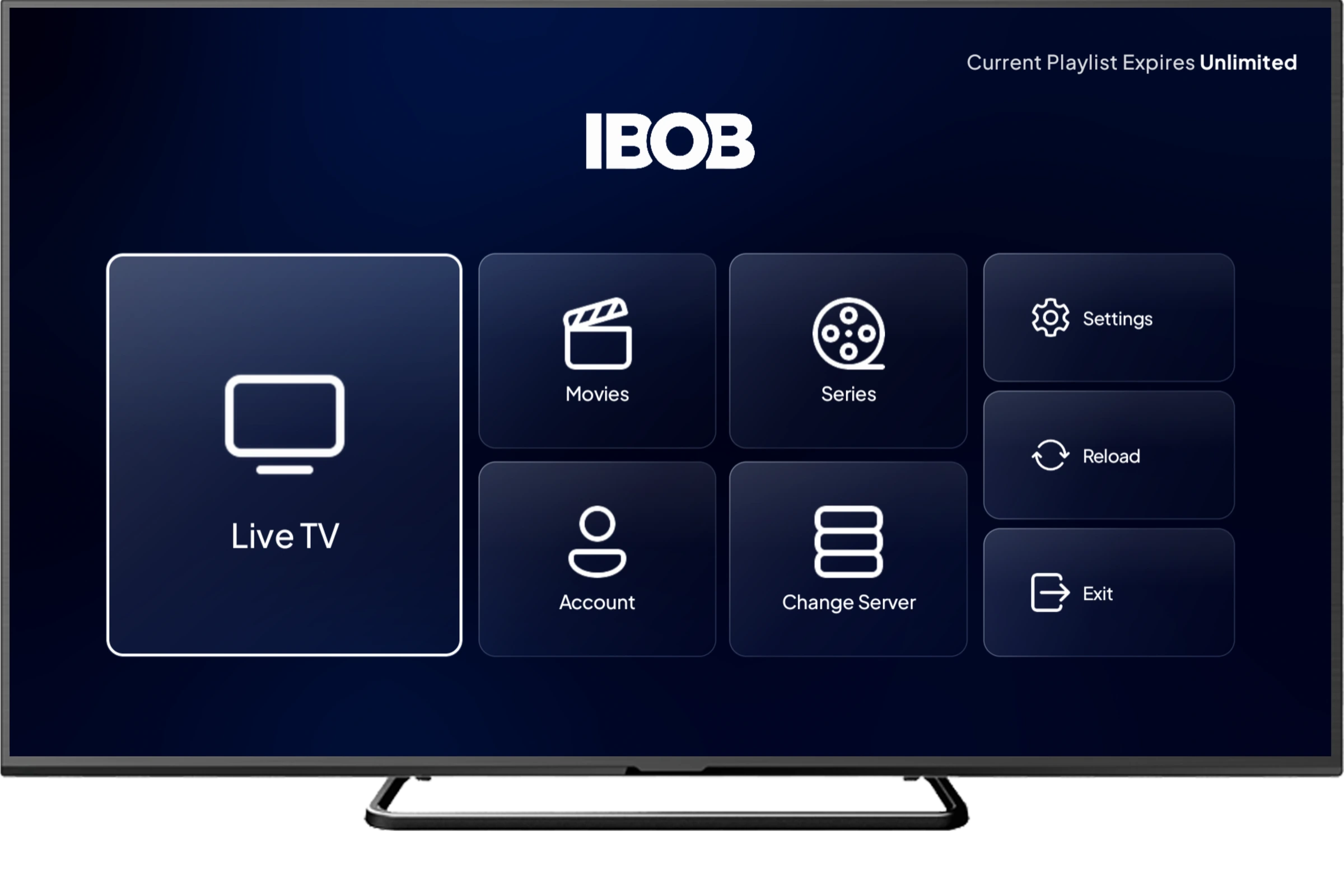 IBOB Player Startbildschirm auf einem Fernseher